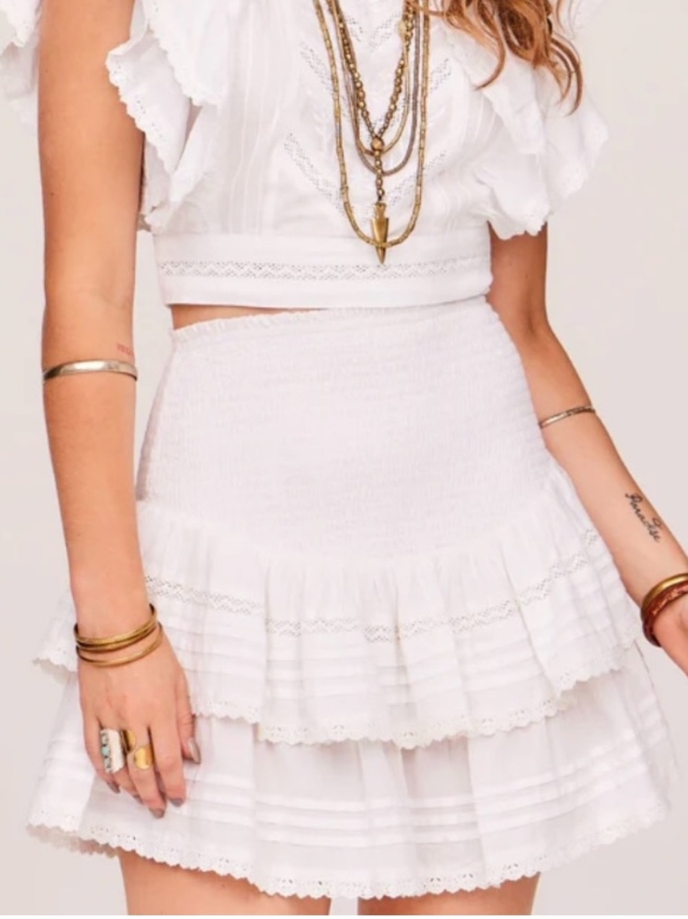 Jen's Pirate Booty White Cotton Tiered Ruffle Eyelet Lace Mini Skirt